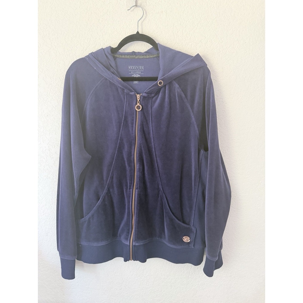 Kenneth Cole Reaction Womens XXL Navy Velour Full Zip Hoodie Jacket Rose Gold